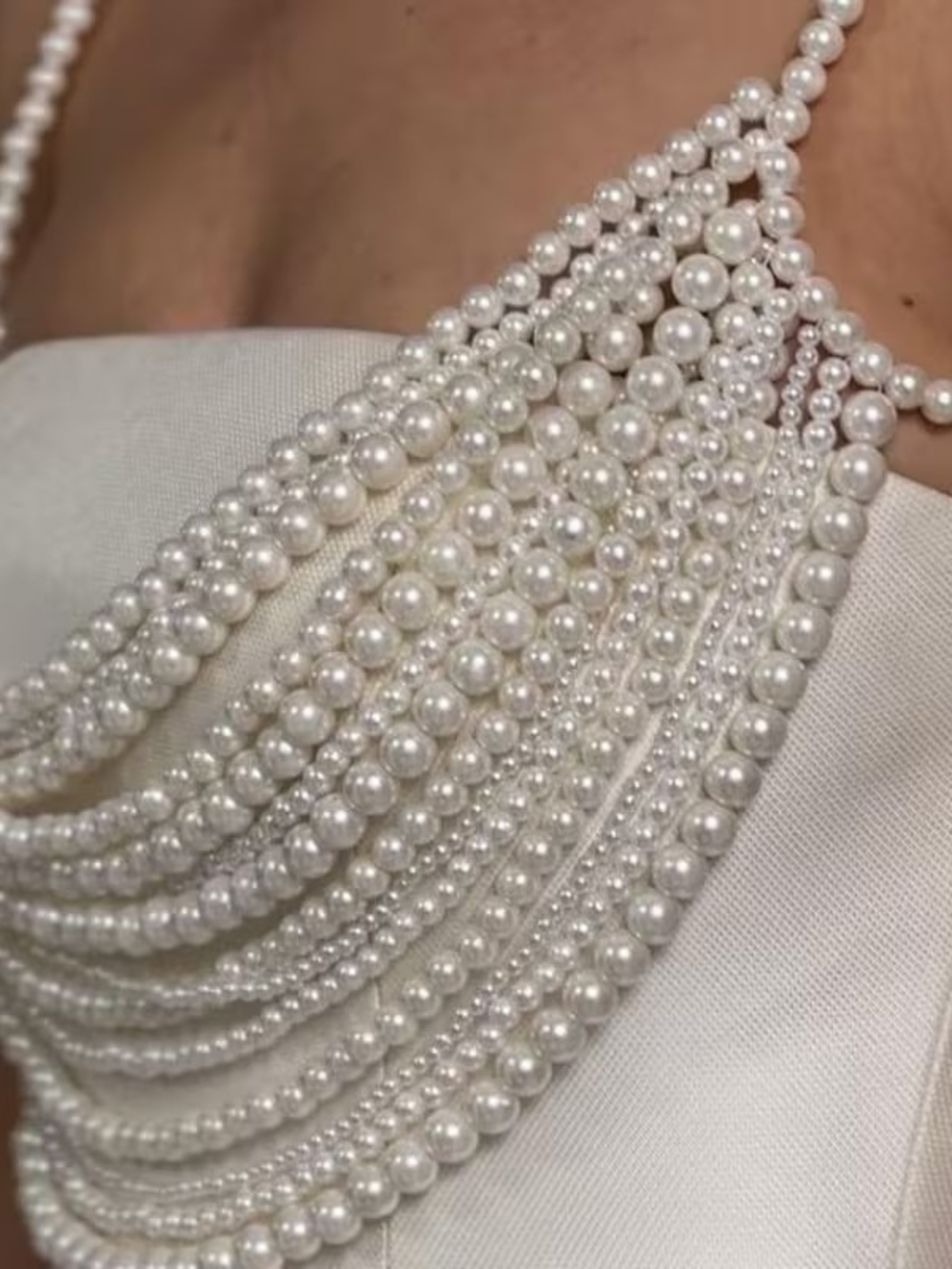Elegant White Pearl Multi-Strand Draped Backless Bralette Body Necklace